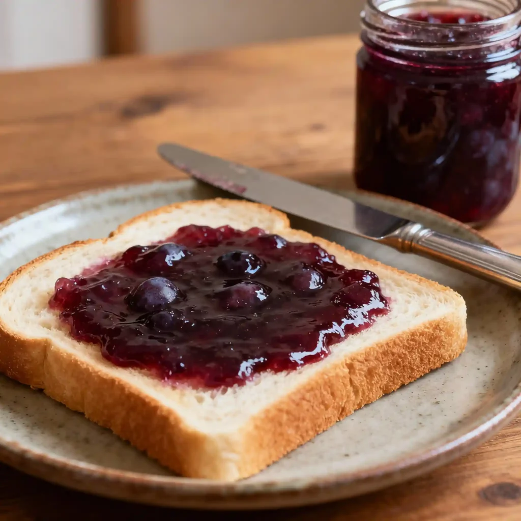 Close-up of homemade grape jelly spread on toast