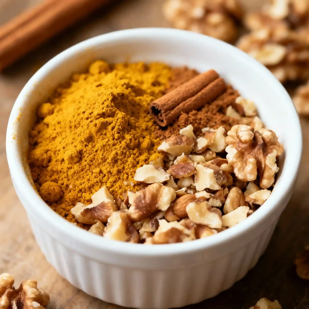 Mixing turmeric powder, cinnamon, and walnuts for memory boosting recipe