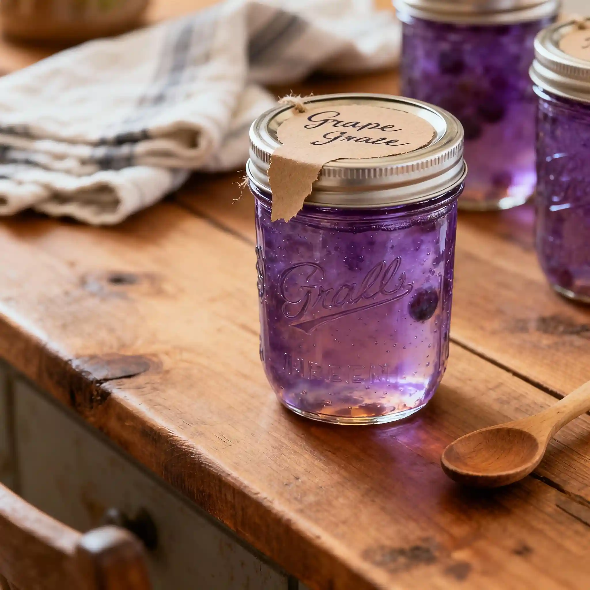 Close-up of homemade grape jelly jars on table