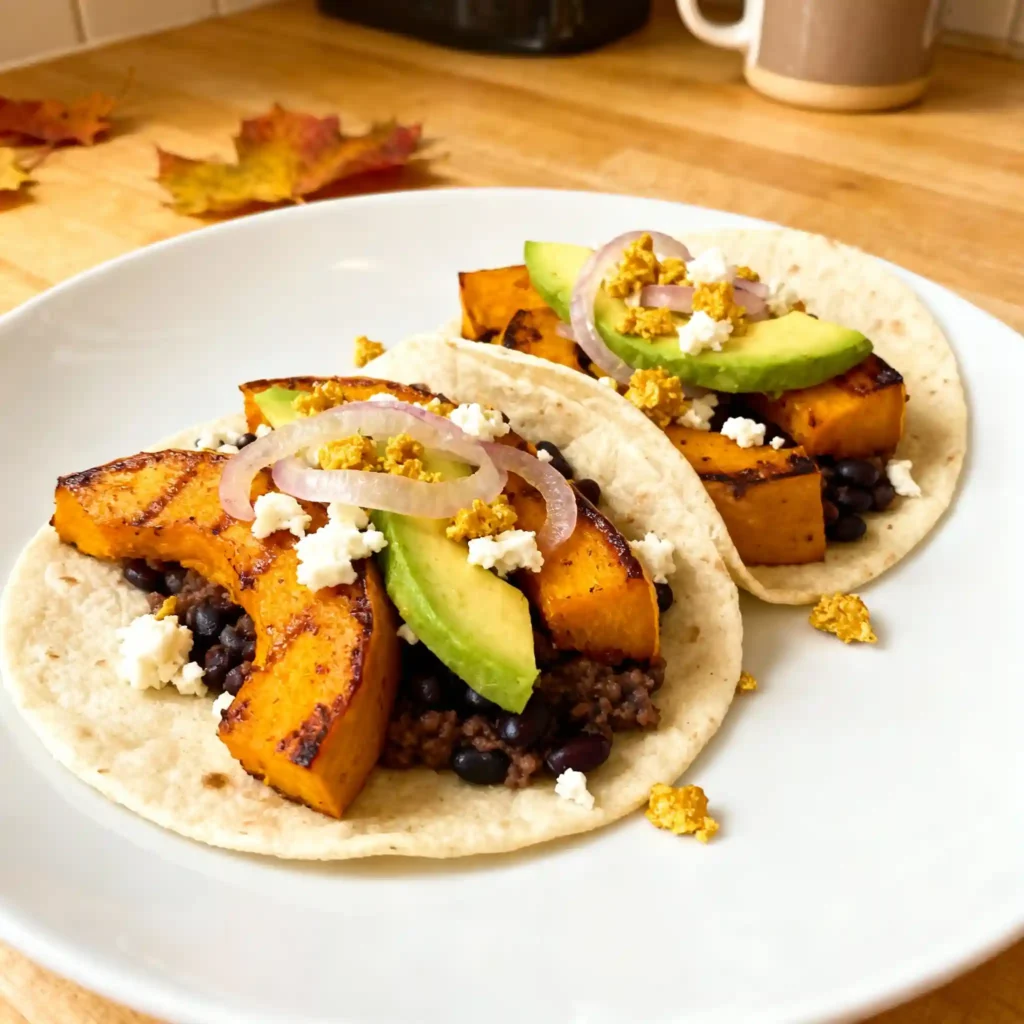Close-up of homemade butternut squash tacos with black beans