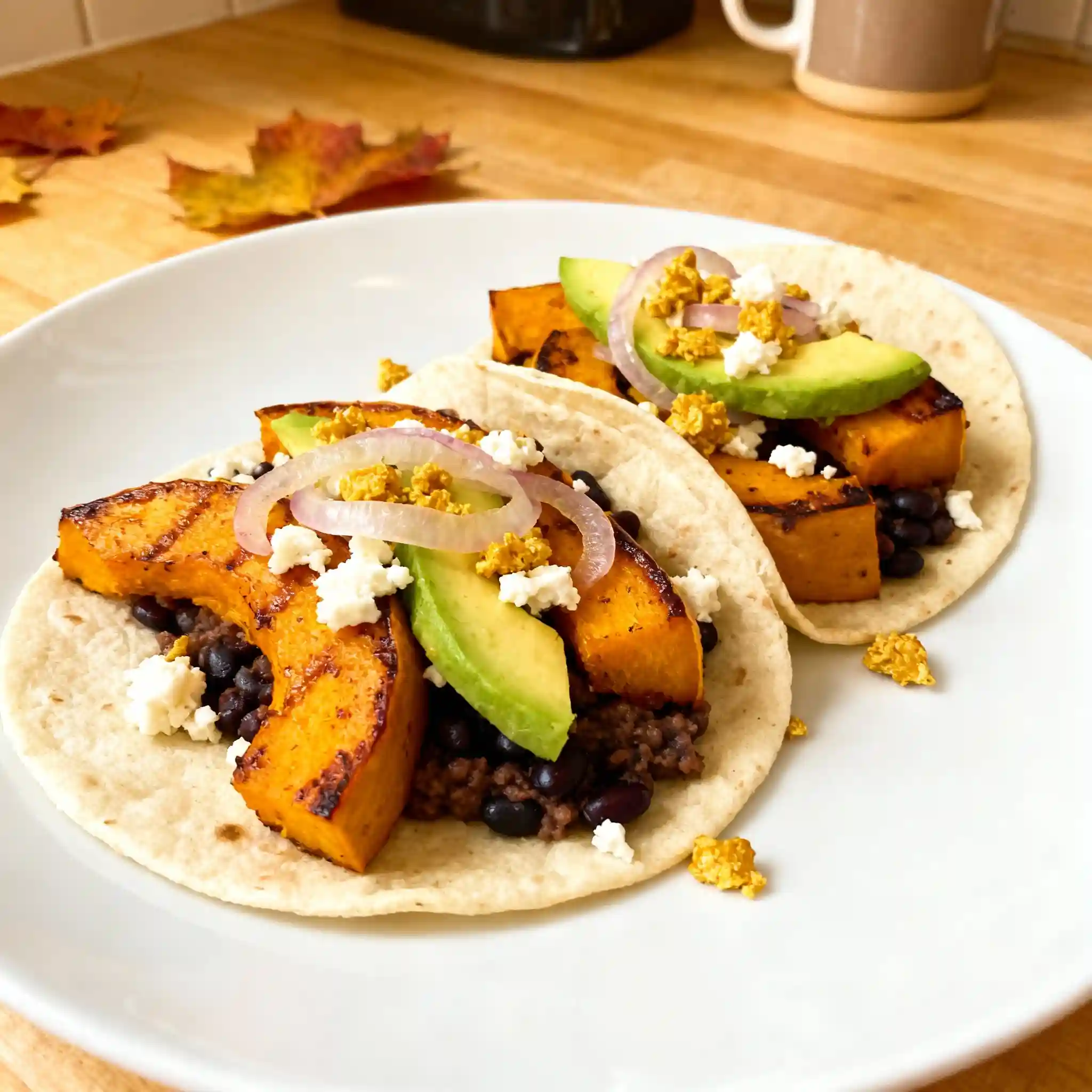 Close-up of homemade butternut squash tacos with black beans