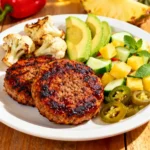 Smoky chipotle burger patties served with keto sides and pineapple cucumber salad
