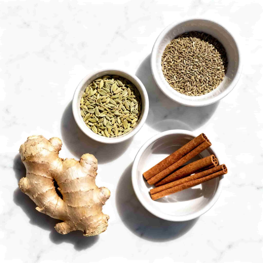 Ingredients for bariatric seed tea recipe flat lay