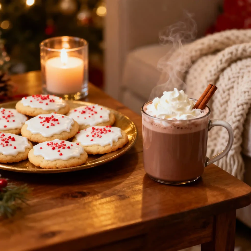 Frosted eggnog cookies served with hot cocoa in cozy setting