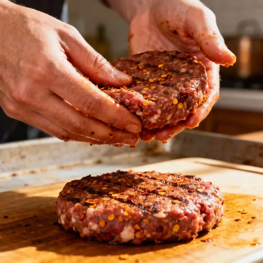 Shaping smoky chipotle burger patties with spices in ground beef