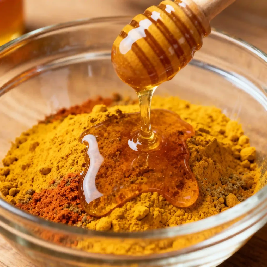 Stirring raw honey into turmeric and spice mixture for natural brain tonic
