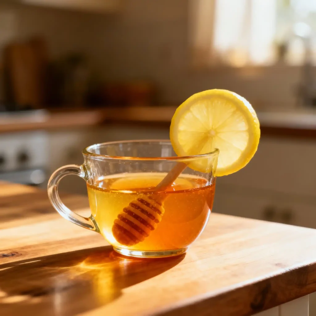 Serving turmeric honey memory recipe stirred in warm water with lemon slice