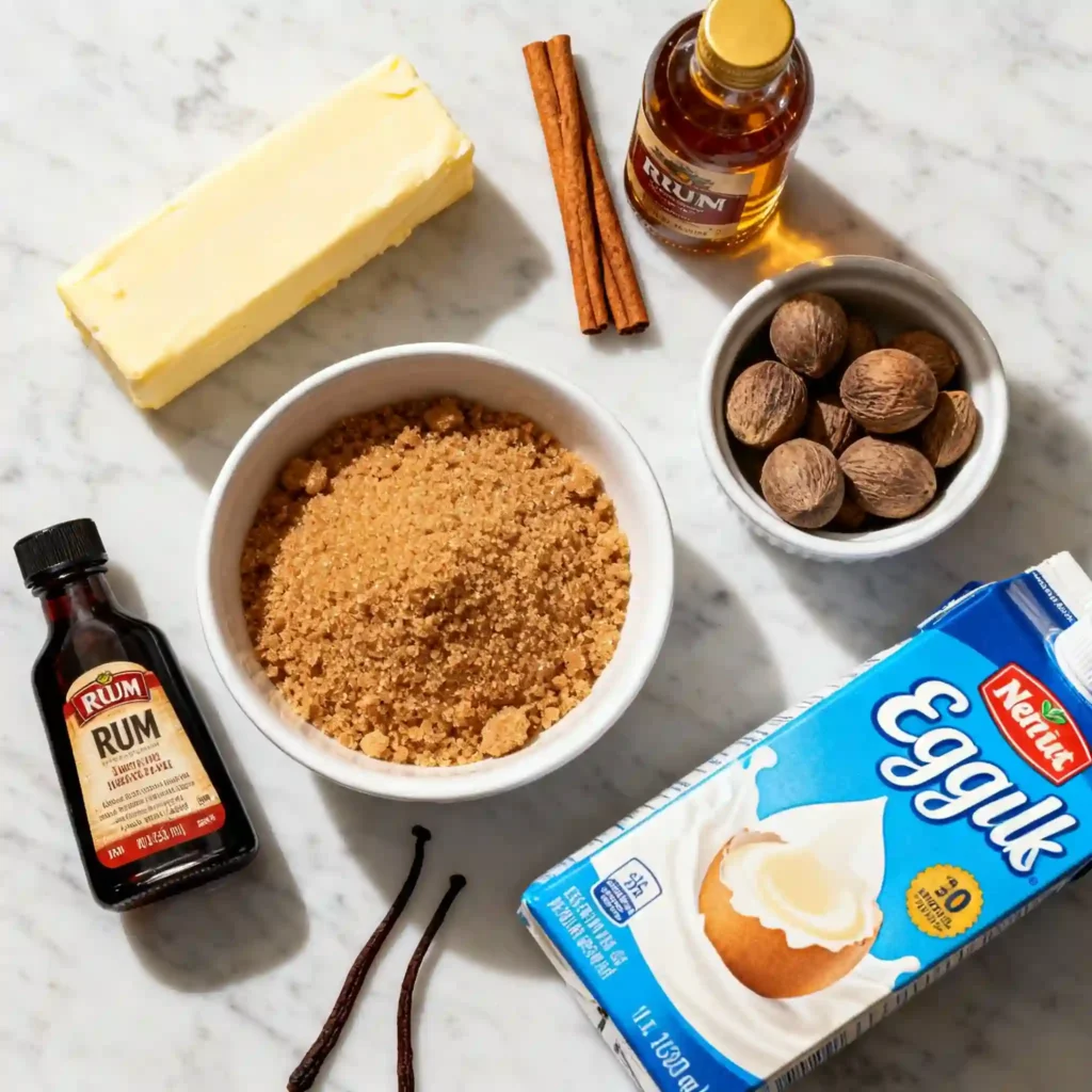 Ingredients for soft frosted eggnog cookies flat lay