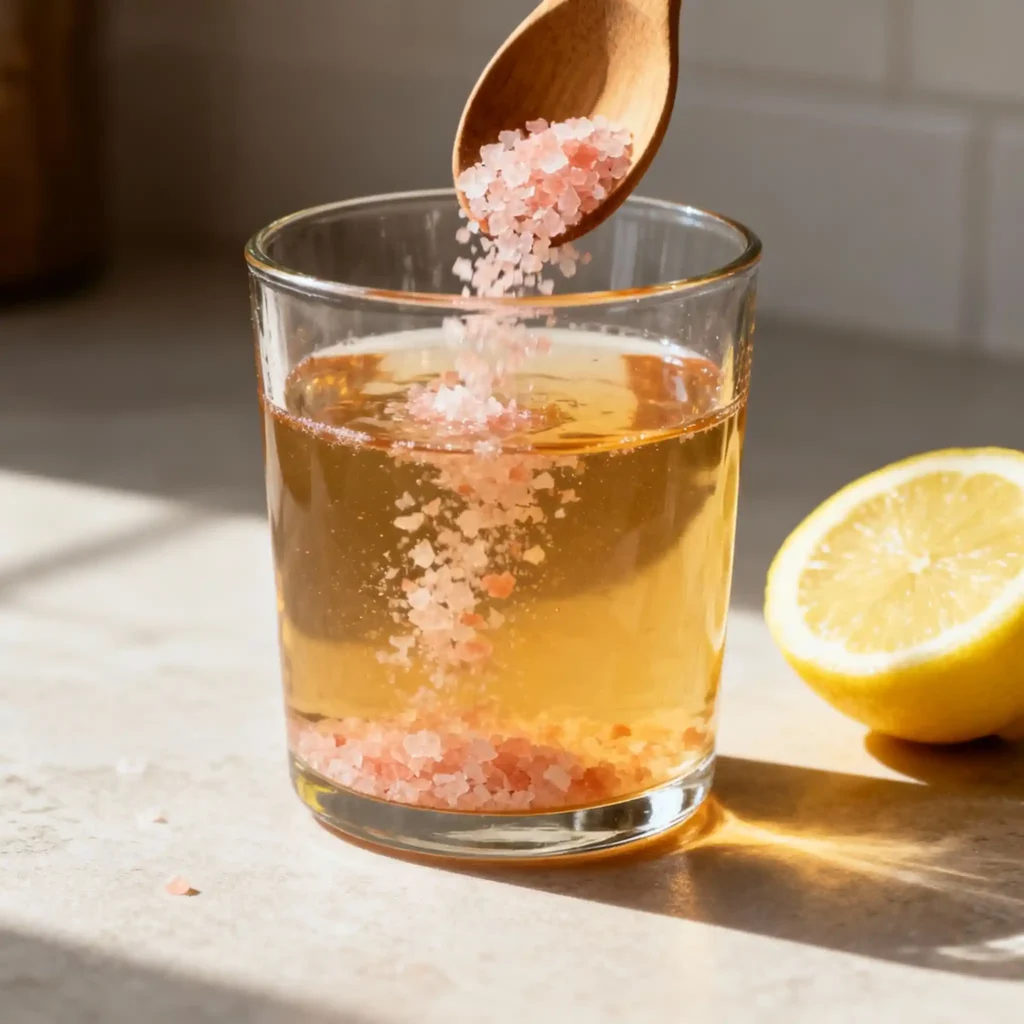 Close-up of stirring Himalayan pink salt trick drink in a glass
