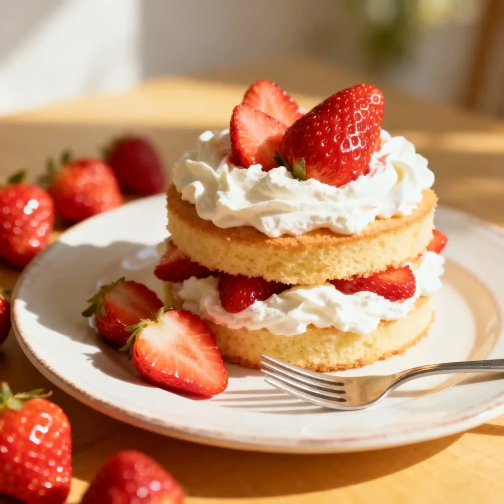 serving strawberry shortcake