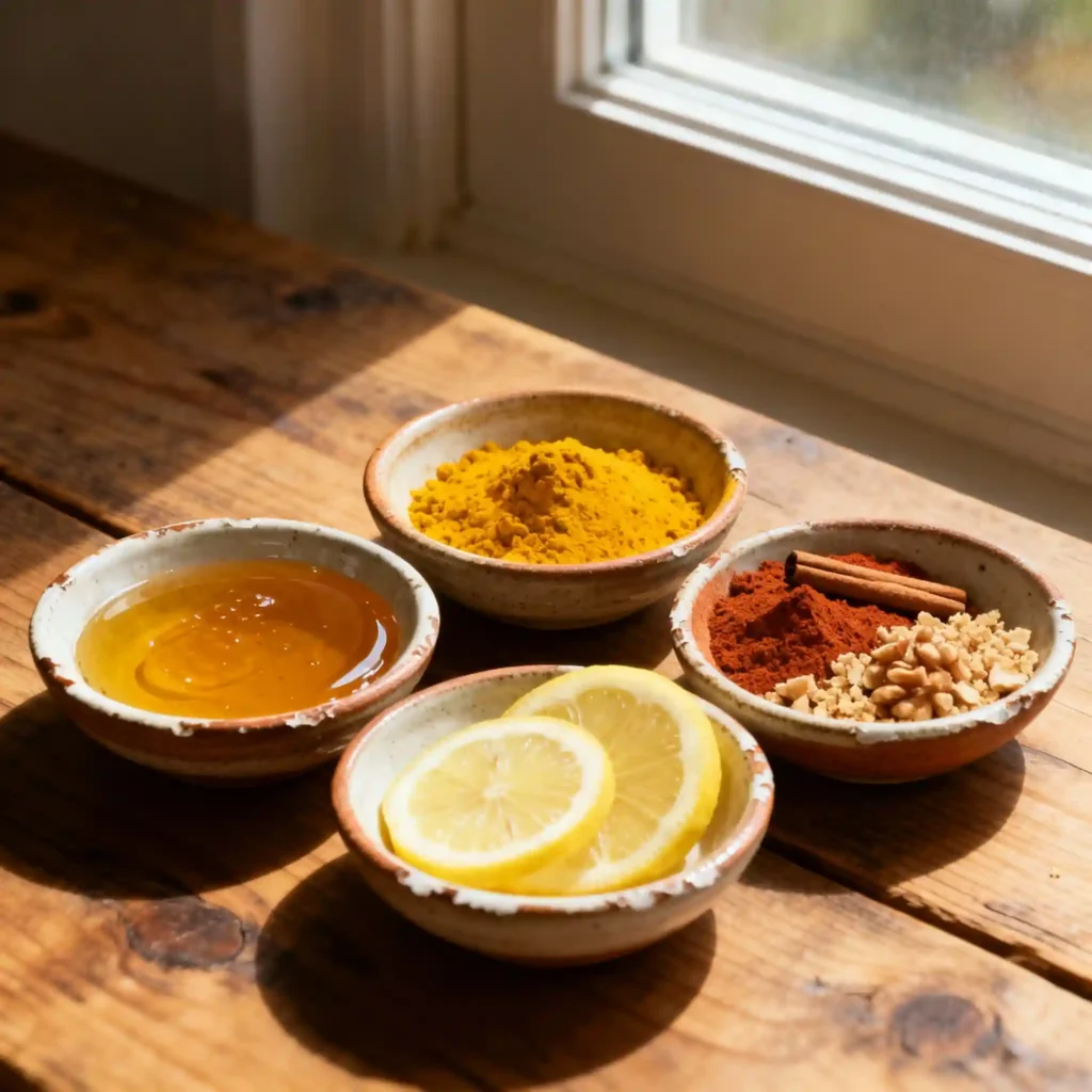 Ingredients for turmeric honey memory recipe including honey, turmeric, cinnamon, lemon, and walnuts
