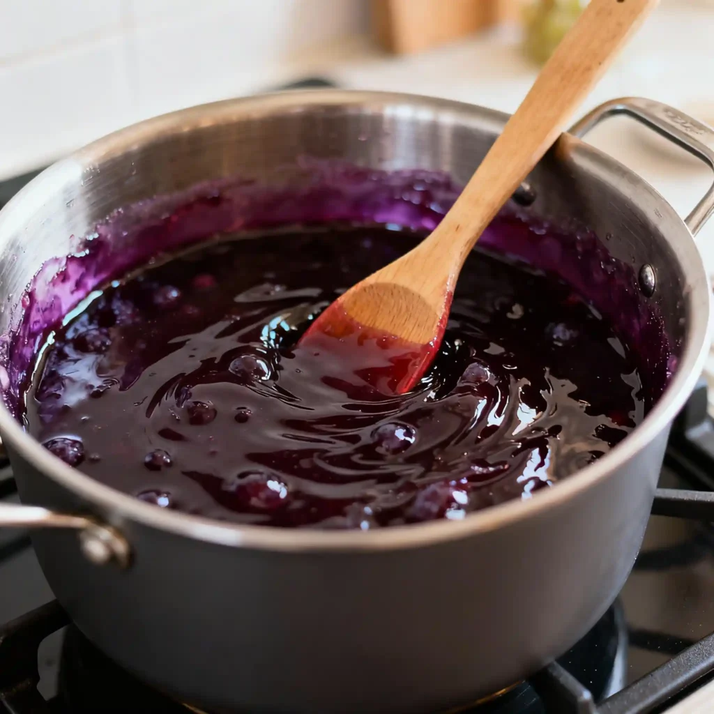 Close-up of grape jelly being stirred in pot