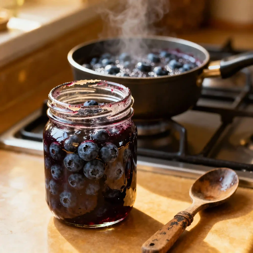 Close-up of homemade blueberry jam in a farmhouse kitchen