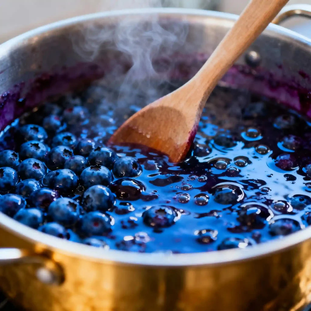 Close-up of blueberry jam simmering on stove