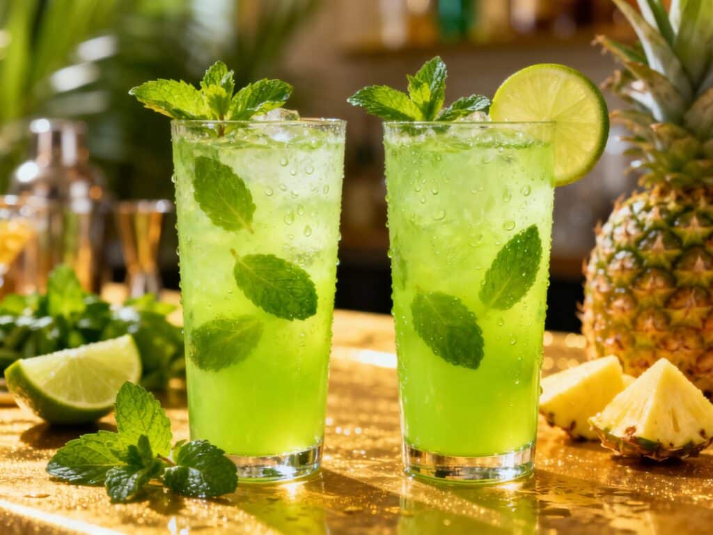liquid maria juana drink served with fresh mint and lime party table
