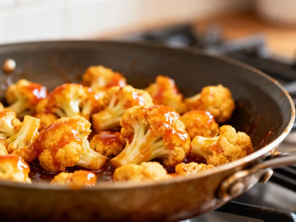 tossing cauliflower bites in honey spicy sauce