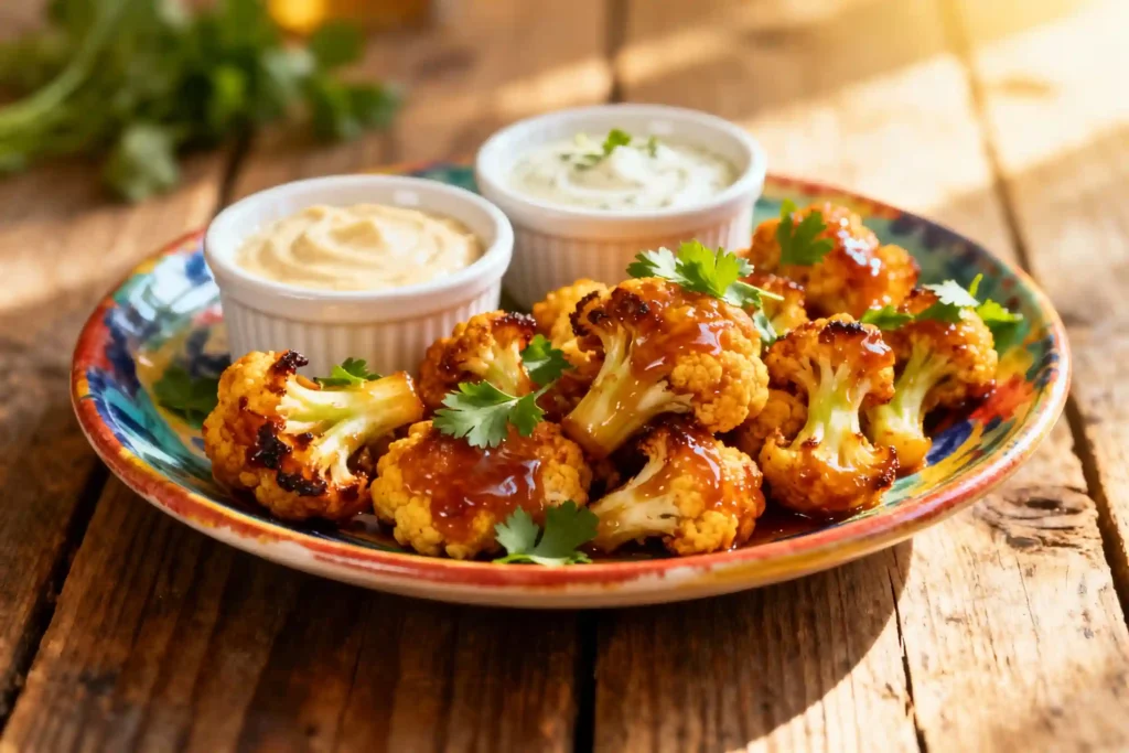 serving spicy honey cauliflower bites with dipping sauce
