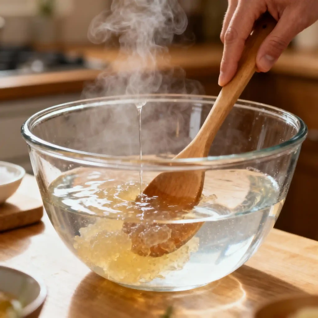 Mixing gelatin and hot water for weight loss cubes