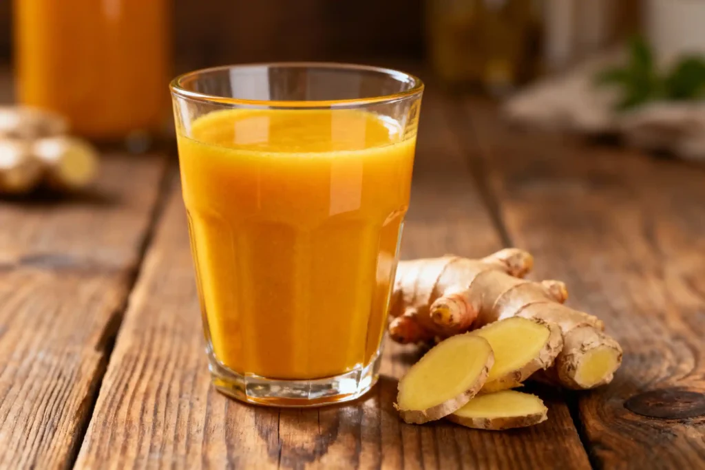 Fresh turmeric-ginger-shot with roots on rustic table