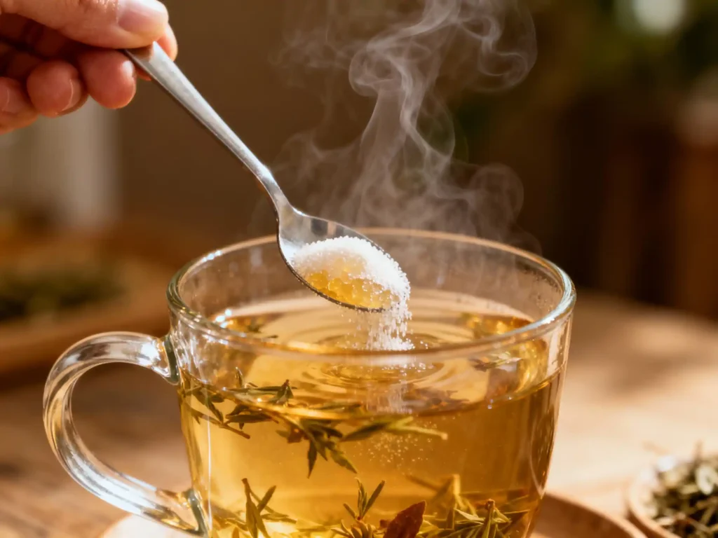 Stirring gelatin into hot herbal tea