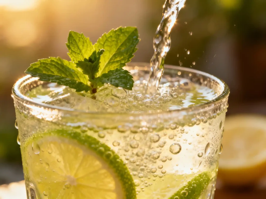 topping liquid maria juana drink with lemon lime soda mint garnish