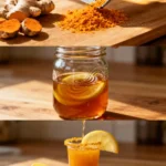 Grating fresh turmeric and ginger roots on wooden cutting board in bright kitchen light