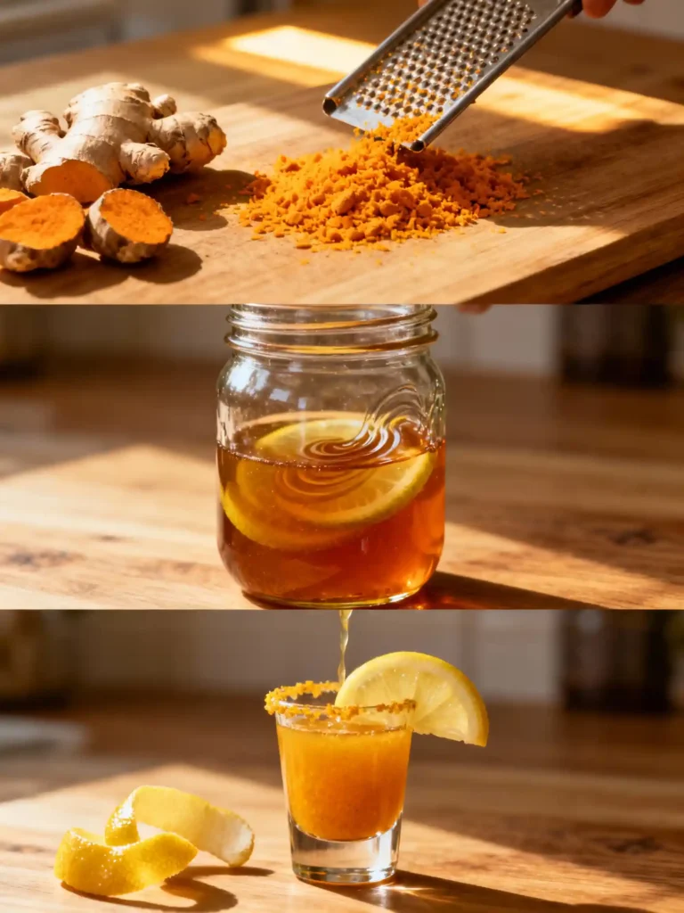 Grating fresh turmeric and ginger roots on wooden cutting board in bright kitchen light