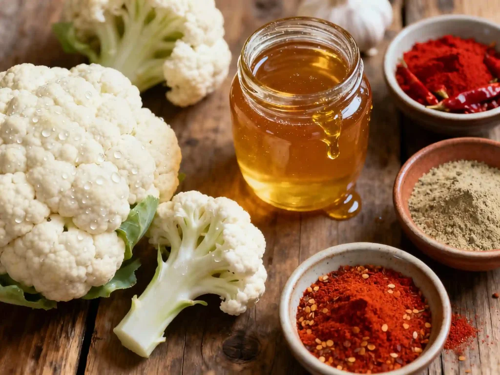 fresh cauliflower and spices for spicy honey bites