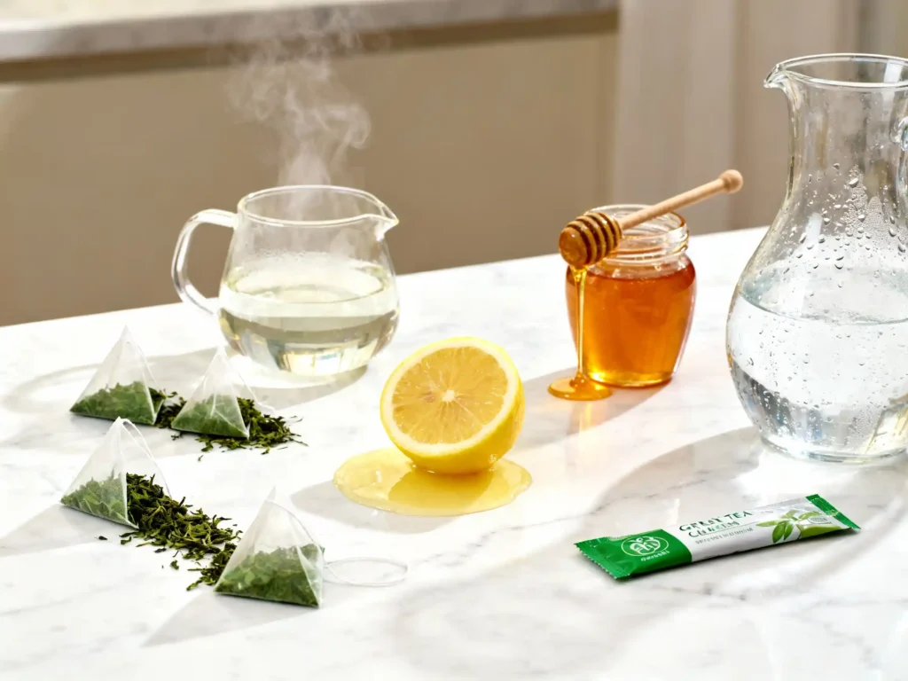 Green tea gelatin recipe ingredients laid out fresh