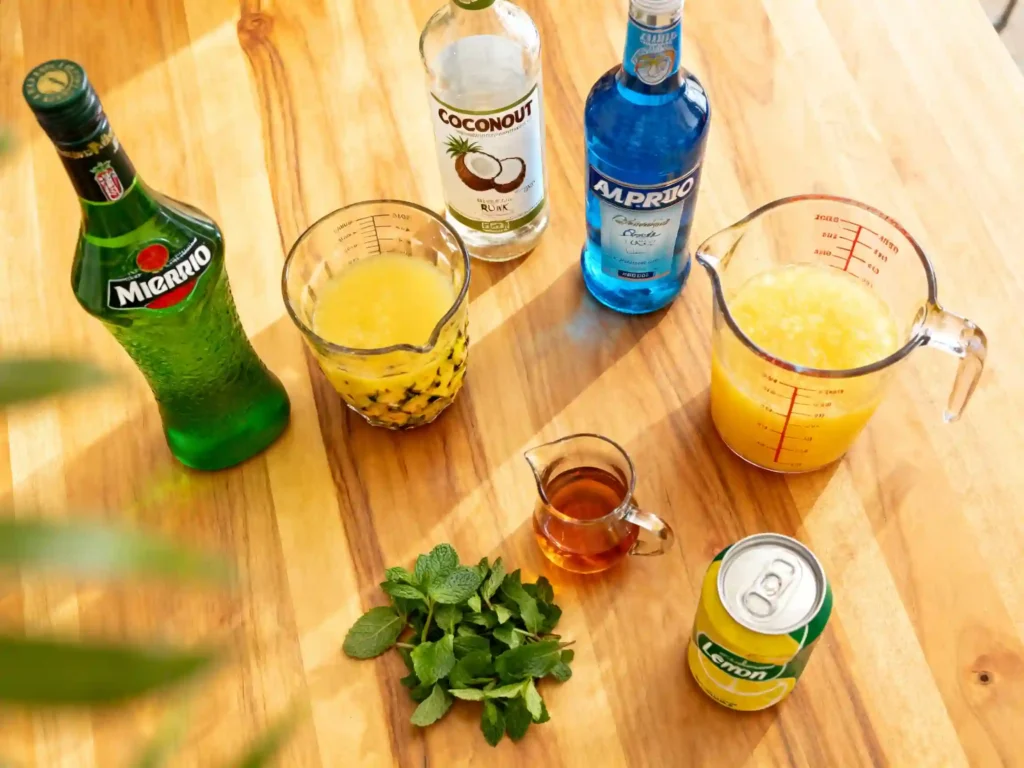 liquid maria juana drink cocktail ingredients overhead shot