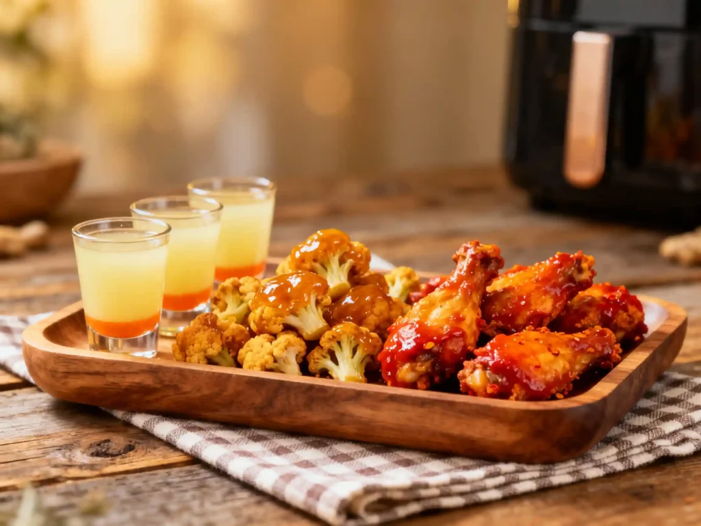 Turmeric-ginger-shots with cauliflower bites and buffalo wings