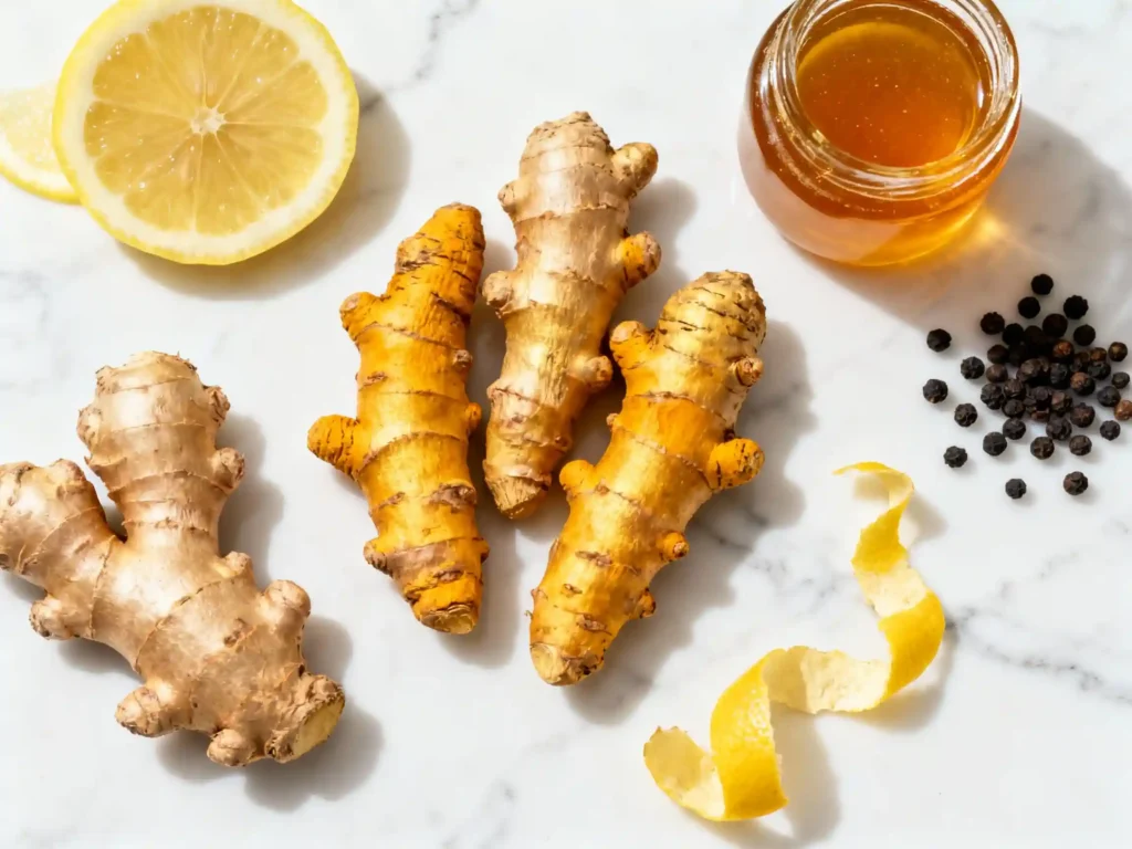 Turmeric-ginger-shot ingredients flat lay
