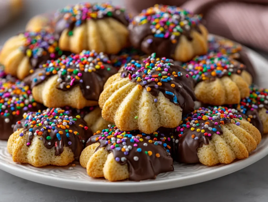 Current image: Italian spritz cookies dipped in chocolate with colorful rainbow sprinkles on white plate