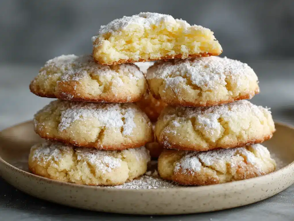 Current image: Stack of gluten-free gooey butter cookies dusted with powdered sugar, with top cookie cut open to show soft interior