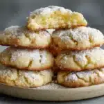 Stack of gluten-free gooey butter cookies dusted with powdered sugar, with top cookie cut open to show soft interior