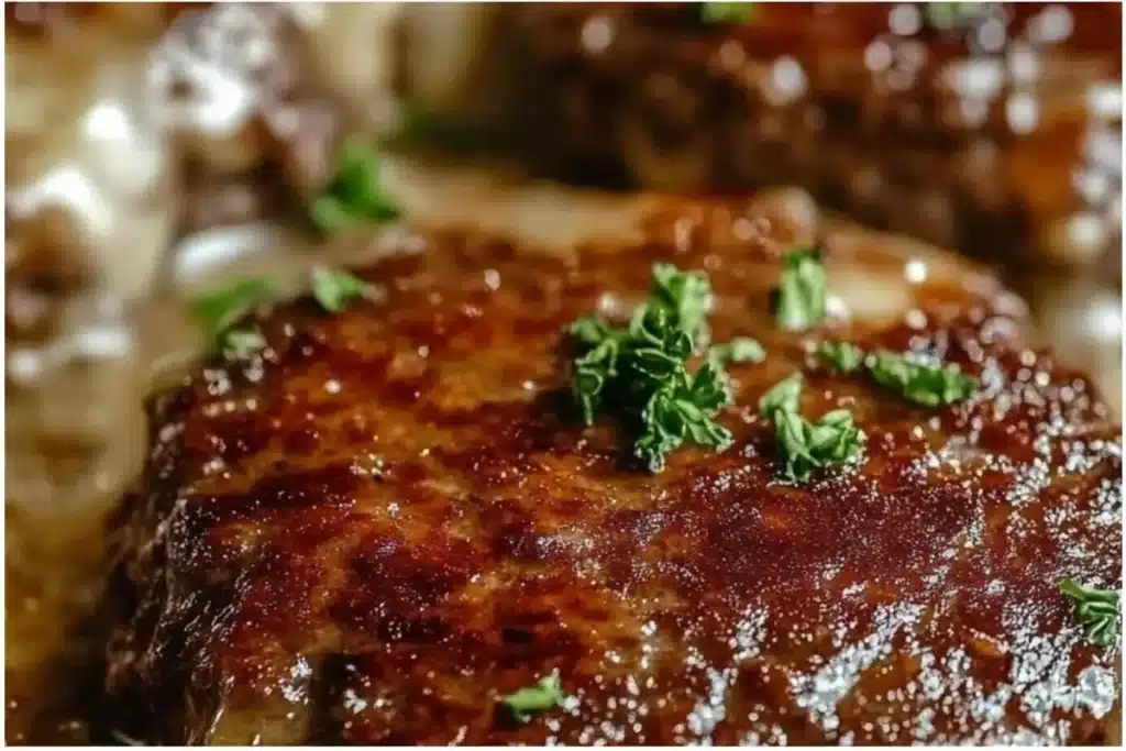 Current image: Amish hamburger steak bake served with mashed potatoes and green beans