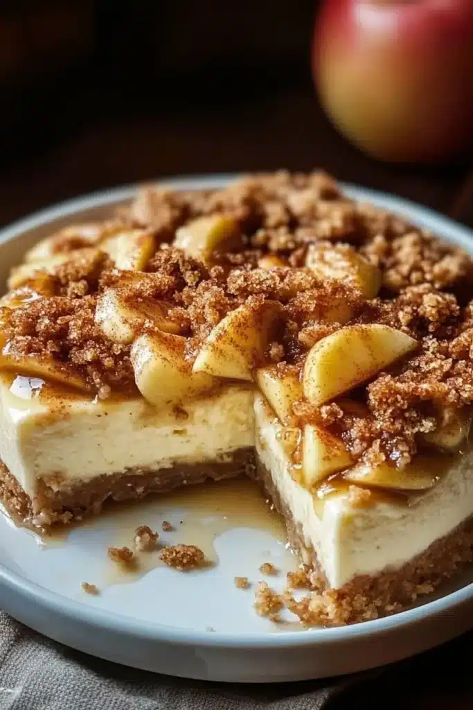 Current image: Apple cinnamon cheesecake crumble dessert topped with a crunchy crumble layer