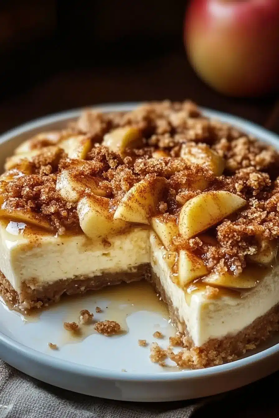 Apple cinnamon cheesecake crumble dessert topped with a crunchy crumble layer