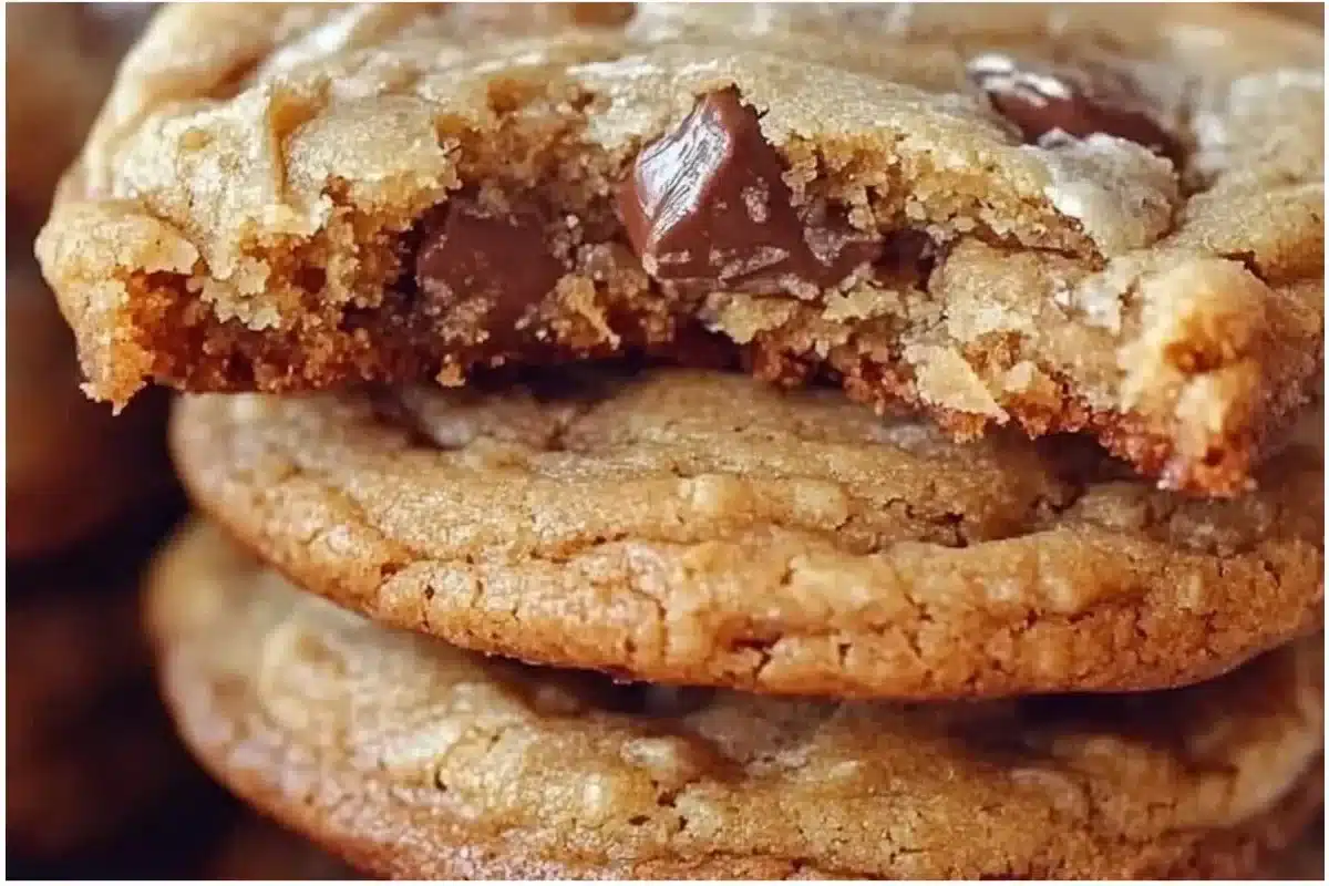Delicious brown butter toffee cookies with crispy edges and gooey center