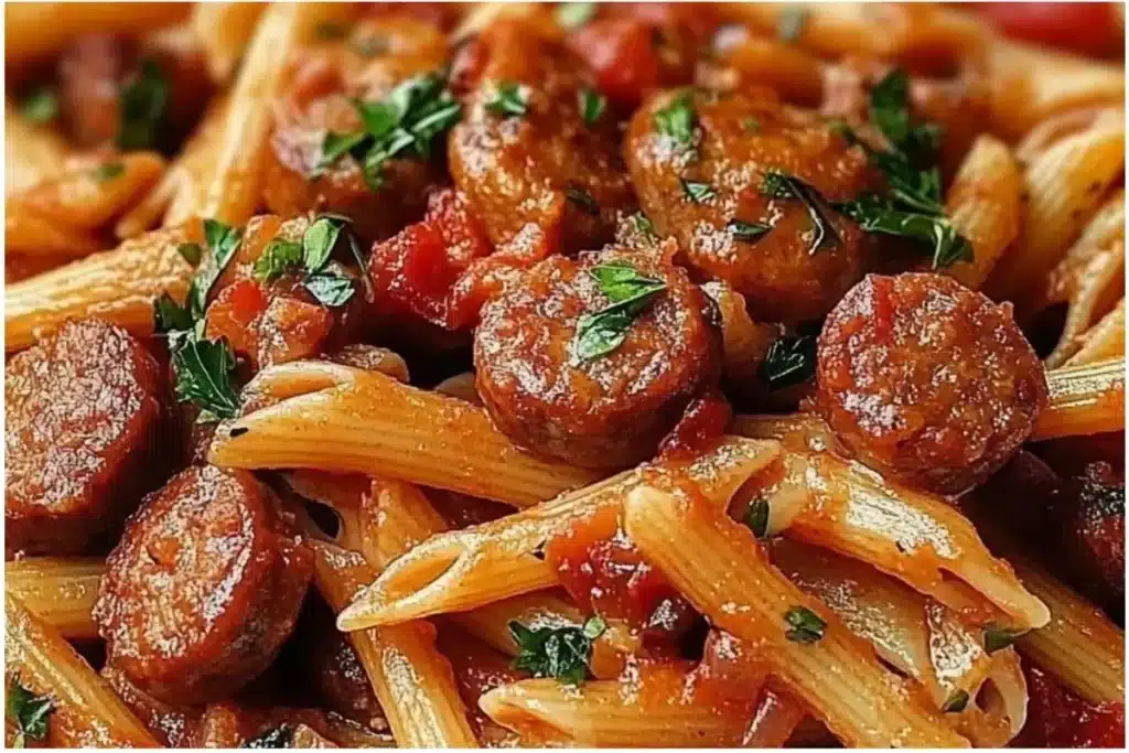 Current image: Delicious Cajun Sausage Pasta with vibrant spices and fresh ingredients.
