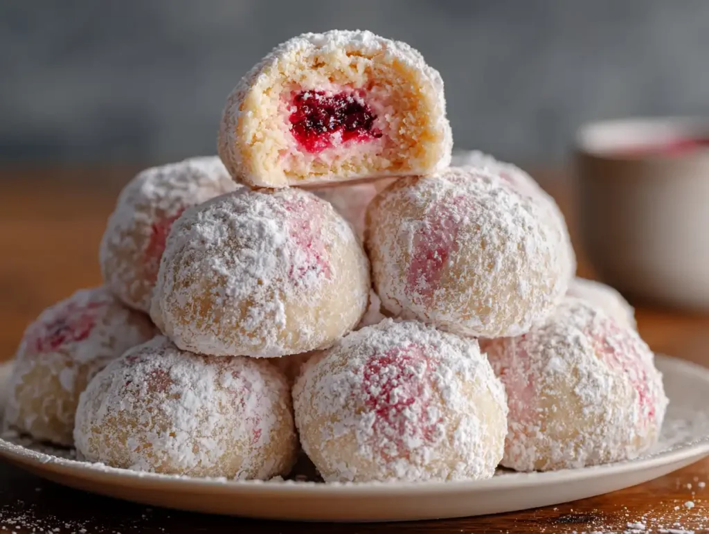 Current image: Delicious Cherry Snowball Cookies dusted with powdered sugar on a plate