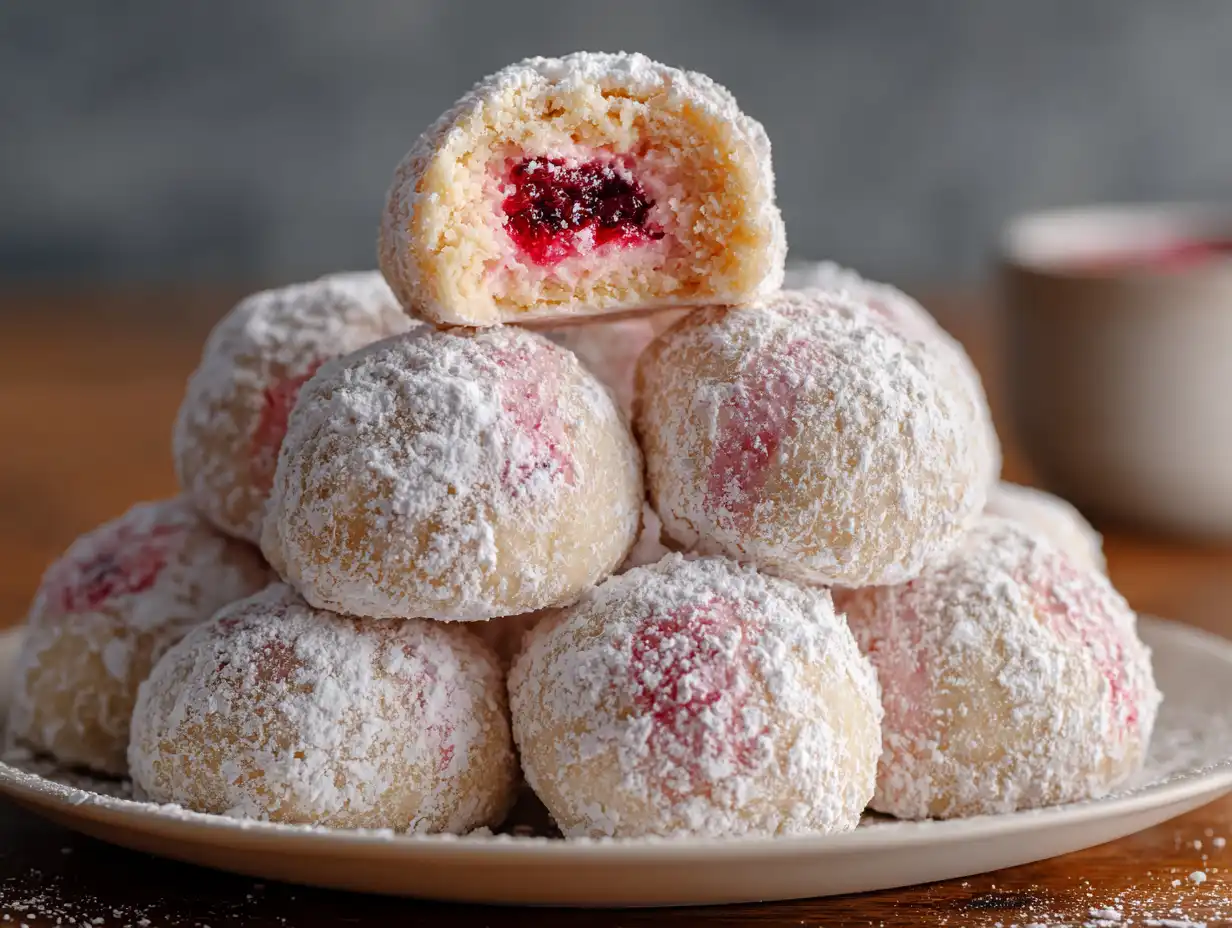 Delicious Cherry Snowball Cookies dusted with powdered sugar on a plate