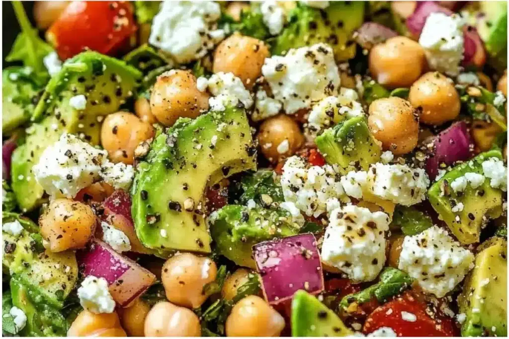 Current image: Chickpea Feta Avocado Salad with vibrant ingredients in a bowl