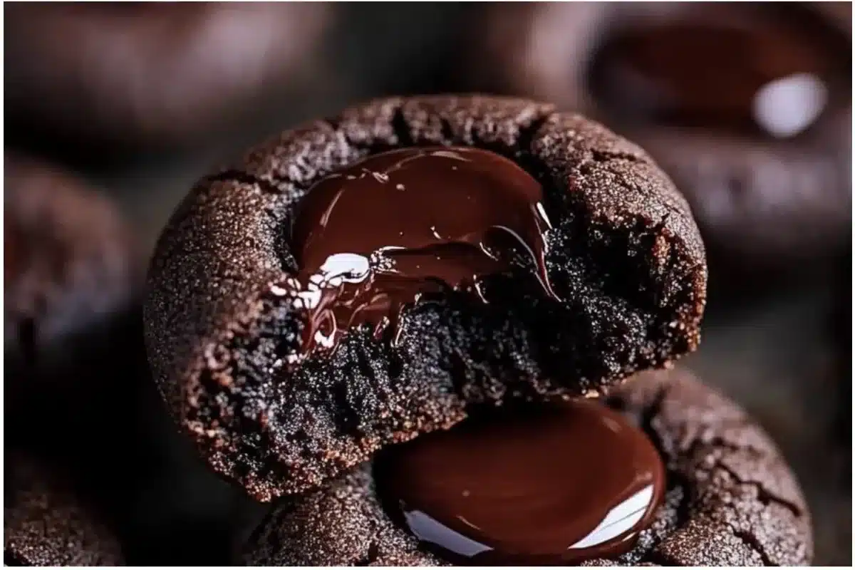 Freshly baked Chocolate Thumbprint Cookies with chocolate filling on a cooling rack