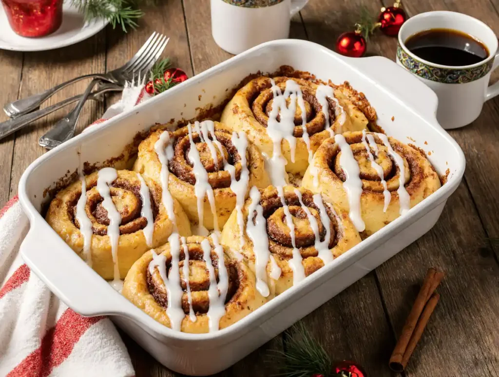Cinnamon-roll-breakfast-casserole hot from the oven