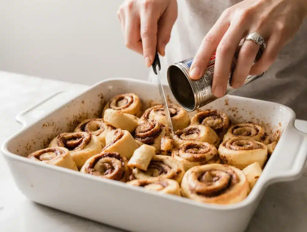 Assembling cinnamon-roll-breakfast-casserole in baking dish