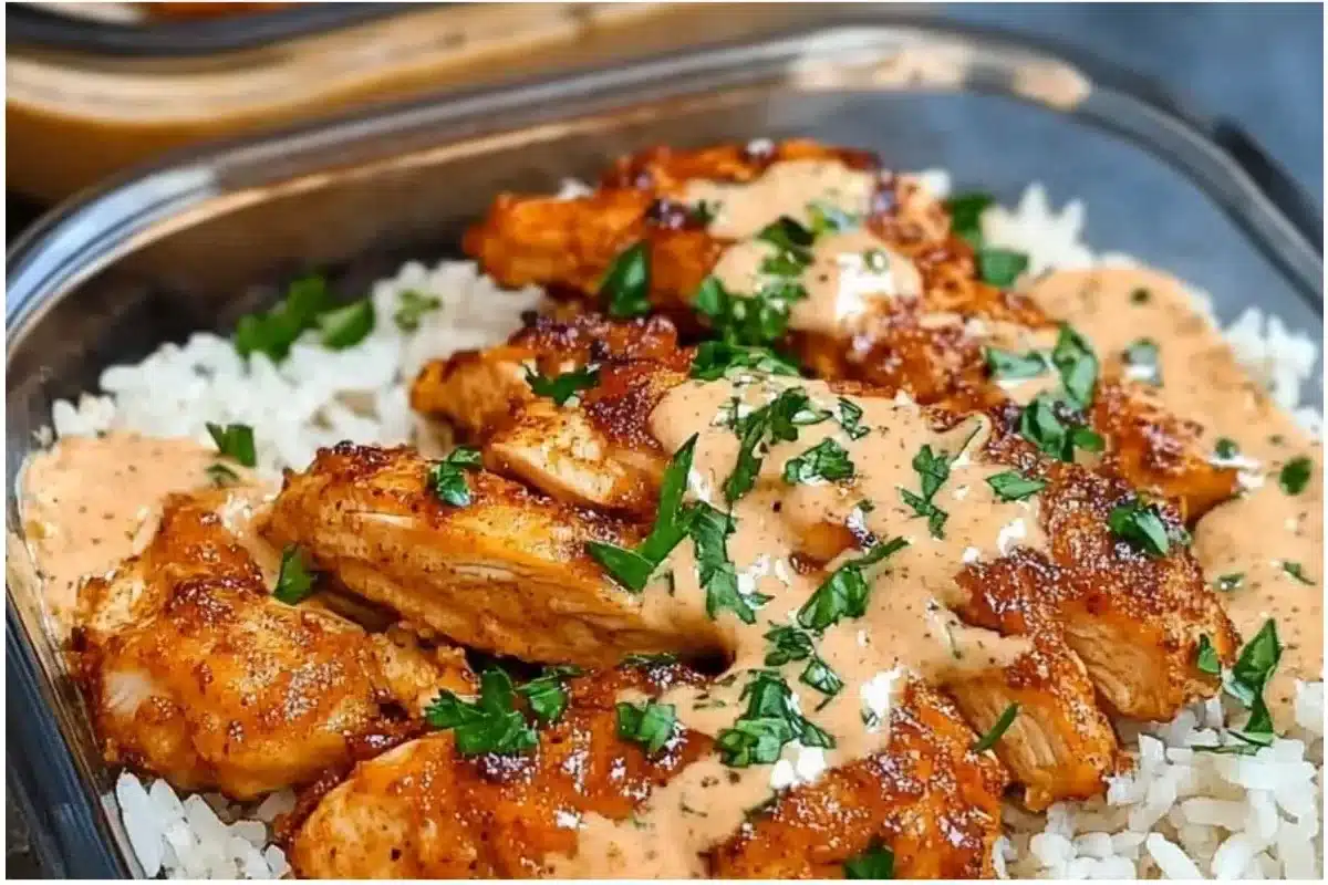 Creamy Cajun chicken and rice bowls ready to serve for a delicious meal.