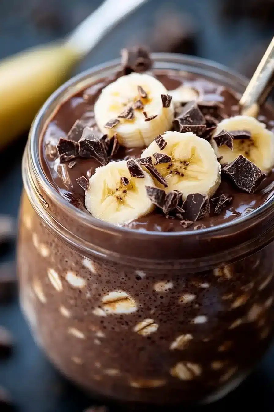 Creamy chocolate banana overnight oats topped with slices of banana and cocoa