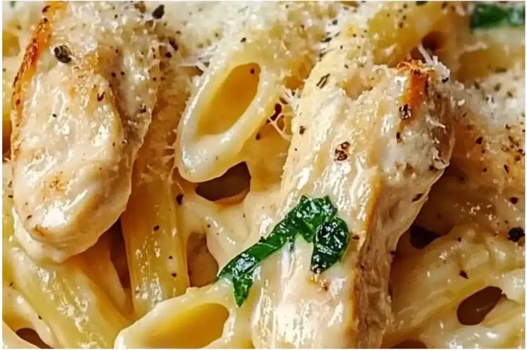 Current image: Creamy Garlic Parmesan Chicken Pasta garnished with parsley in a bowl