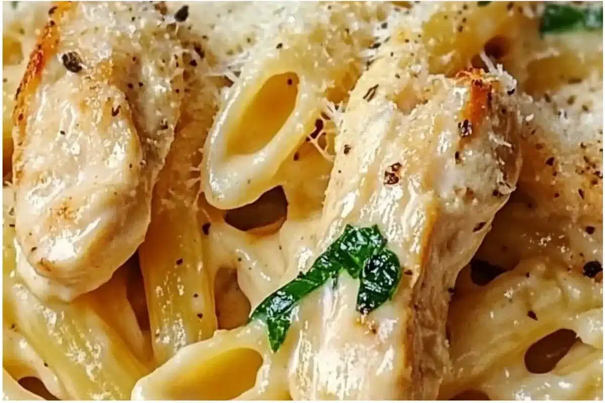 Creamy Garlic Parmesan Chicken Pasta garnished with parsley in a bowl